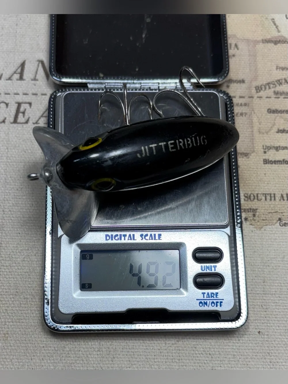 Vintage Fred Arbogast Black Jitterbug Topwater Fishing Lure w/ Early Bug Eye 50s